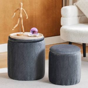 Modern Round Pleated Velvet Ottoman <strong>Set</strong> of 2, 2-in-1 Nesting Footstool with Tray, Multi-functional Seating <strong>Stool</strong> - Product Image 2