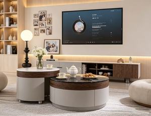 Modern <b>Round</b> Coffee <b>Table</b> Set Marble Top Wood Frame Storage Living Room Furniture <b>White</b> and Black Two Piece Design - Product Image 3