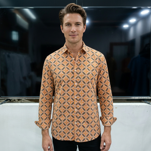 Chemise décontractée à manches longues pour homme, motif géométrique orange, col rabattu, tissée 100 % coton respirant pour l'été - Product Image 1