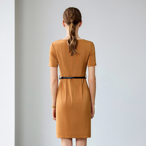 Abito lungo in stile Vintage <span class=keywords><strong>da</strong></span> <span class=keywords><strong>donna</strong></span> autunno nuova cintura semplice collo a maniche corte abito lungo in tinta unita lungo Maxi abito in tessuto Midi - Product Image 5