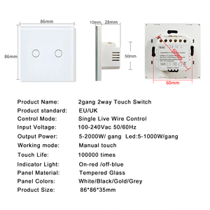 Công tắc đèn tường EU <span class=keywords><strong>Touch</strong></span> 2Gang 2Way, dây dẫn trực tiếp, không cần WiFi, không cần ứng dụng, không cần ghép nối, dùng cho cầu thang, phòng ngủ. - Product Image 2