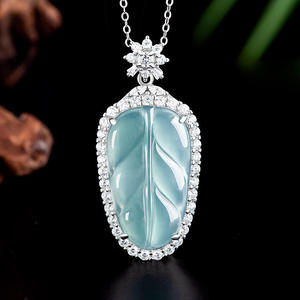 จี้หยกเจไดต์สีน้ำเงินธรรมชาติรูปใบไม้ เงินแท้ S925 เครื่องประดับผู้หญิง สไตล์จีน พร้อมใบรับรองการประเมินราคา D345 - Product Image 1