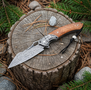 Couteau pliant de poche EDC de survie pour le camping en plein air, en acier <span class=keywords><strong>Damas</strong></span> avec manche en bois de santal jaune fait main - Product Image 2