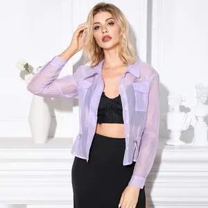 OEM Wholesale Ladies Women Sexy Purple Transparent Long Sleeve Chiffon Club Blouse