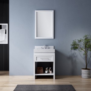 Modern White <b>Small</b> Bathroom <b>Vanity</b> with Frame <b>Mirror</b> Freestanding Cabinet Carrara Marble Top 1 Drawer Open Storage Sink Cabinet - Product Image 4