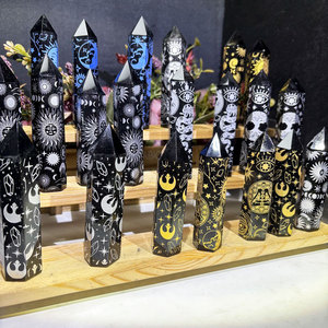 Tour de Cristal Poli Pierre de Guérison Motif Quartz Gravé Avec Soleil Lune <span class=keywords><strong>Noir</strong></span> Obsidienne Reiki Point - Product Image 5