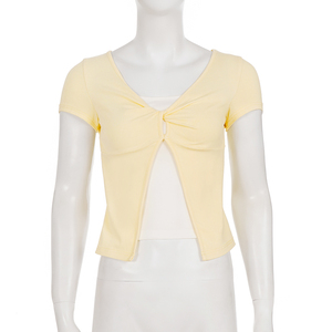 Camiseta de Manga Corta con Cuello en V, Estilo Francés, Bloques de Color Dulces, Diseño de Nudo Trenzado, Dos en Uno, para Verano, Moda Femenina, Informal - Product Image 6