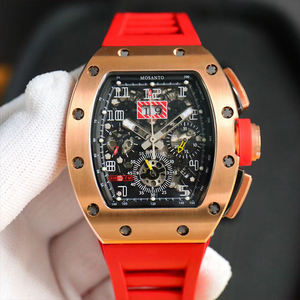 Men's rose gold retro chronograph watch, hollowed-out automatic mechanical barrel-shaped watch, with <b>red</b> rubber strap - Product Image 5