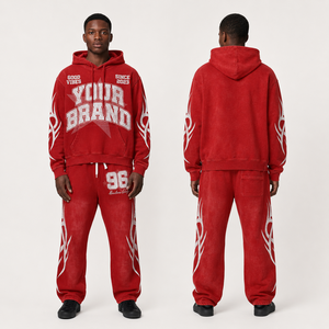 Ensemble survêtement personnalisé en coton 100% avec broderie rouge, sweat à capuche et pantalon de jogging en molleton oversize pour hommes et femmes, streetwear, OEM - Product Image 3