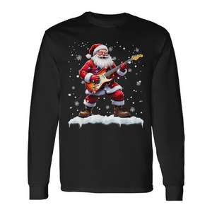 T-shirt à manches longues avec motif Père Noël jouant de la guitare basse, musique de Noël - Product Image 1