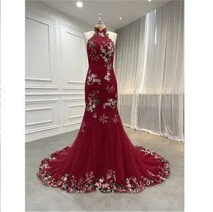 Women Mermaid Wine Red Embroidery Lace Appliques Off Shoulder Wedding Cheongsam