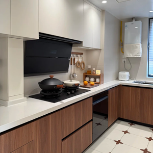 Gabinetes <span class=keywords><strong>de</strong></span> <span class=keywords><strong>Cocina</strong></span> Modulares Modernos <span class=keywords><strong>de</strong></span> Madera Sólida Ecológica con Vidrio para Apartamentos y Villas, Personalizables con Tablero <span class=keywords><strong>de</strong></span> Melamina - Product Image 1