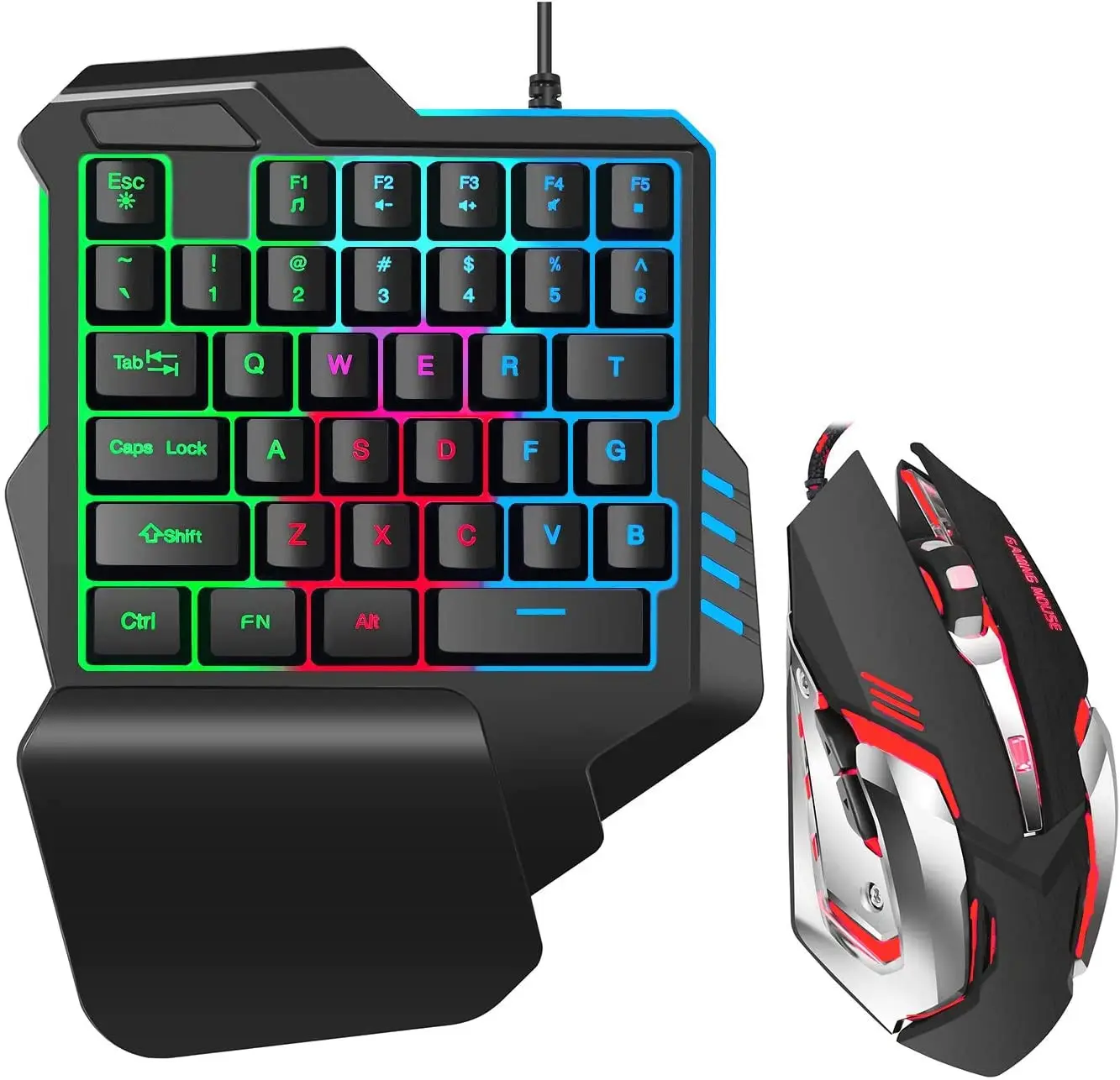 Teclado mecánico con cable USB retroiluminado, RGB, arcoíris, con reposamuñecas, compatible con PC, Windows, una mano, juego combinado de teclado para videojuegos