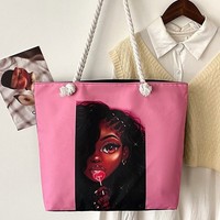 Sac fourre-tout de plage rétro en toile classique, grande capacité, imprimé dessin animé, doublure polyester, fermeture éclair, pratique pour l'extérieur, collection 2026