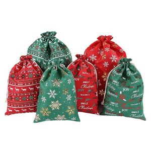 Sacs en lin à cordon de serrage pour Noël, 20x30cm, imprimé flocon de neige et renne doré, pochette cadeau en toile de jute, emballage pour bonbons de Noël - Product Image 5