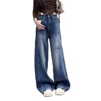 Jean large taille haute vintage bleu pour femme, coupe droite ample en denim avec poches plaquées, longueur au sol