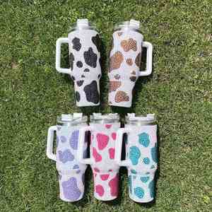 20 Pack Custom logo Black Brown purple Blue Rose Cow Print Rhinestone Bling studded <b>40oz</b> <b>Tumbler</b> <b>with</b> <b>Handle</b> Lid and Straw - Product Image 1