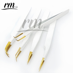 Luxury White <b>Powder</b> Coated Tweezer Gold Plasma Tip Eyelash Extension Tweezer Stainless Pointed Volume Fiber Customizable Private - Product Image 6