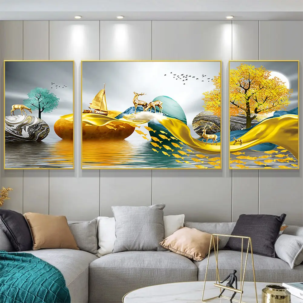 高品質の抽象3、パネル絵画ゴールデンツリー鹿クリスタル磁器絵画アートセットリビングルームの装飾アクリル絵画/