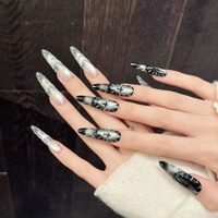 Faux ongles à presser pour femmes, noirs et argentés, effet œil de chat, longs, forme stiletto, motif étoile, chrome miroir, pour style gothique Y2K Glam