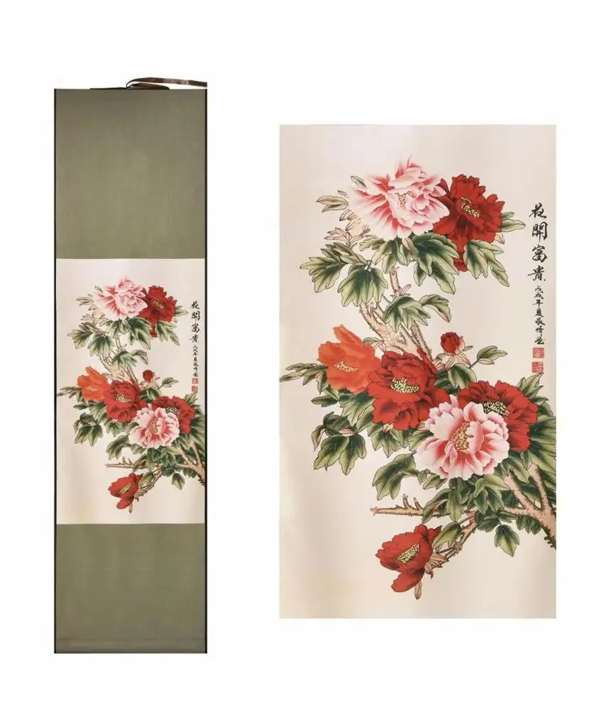 Wall Art Scroll Silk Painting Craft Calligraphy for Gift Blossom and Riches