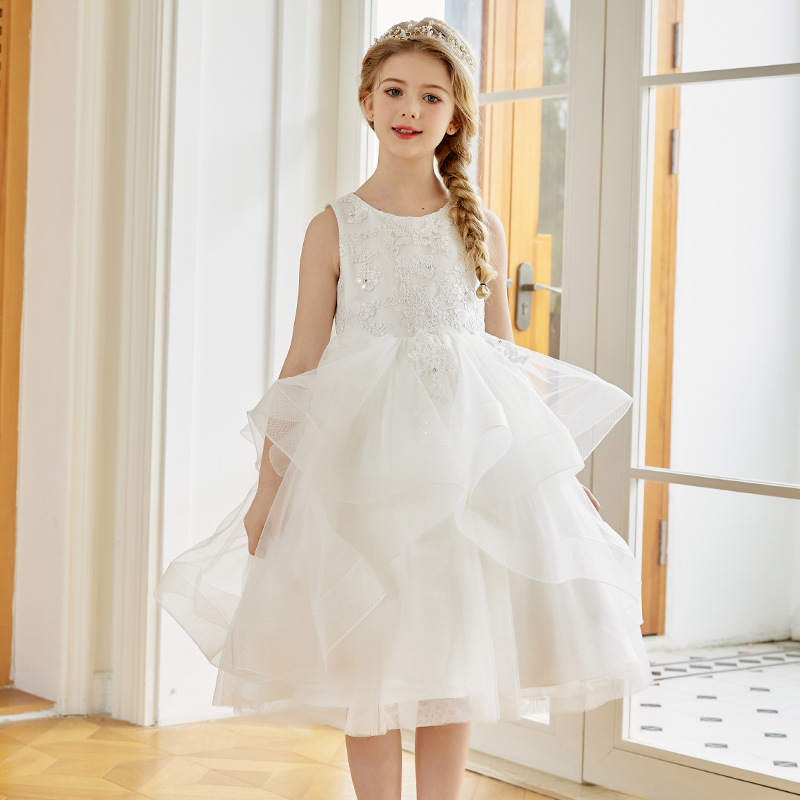 Simple Layered Tulle Wedding Dresses Sleeveless Ball Gown Appliques White  Flower Girls Dress| Alibaba.com