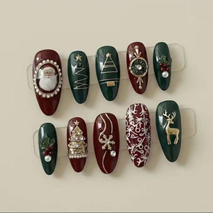 <span class=keywords><strong>Uñas</strong></span> Postizas de Lujo, Largas, Tipo Ataúd, Hechas a Mano, con Decoración de Diamantes de Imitación, Tema Navideño, Acrílicas - Product Image 2