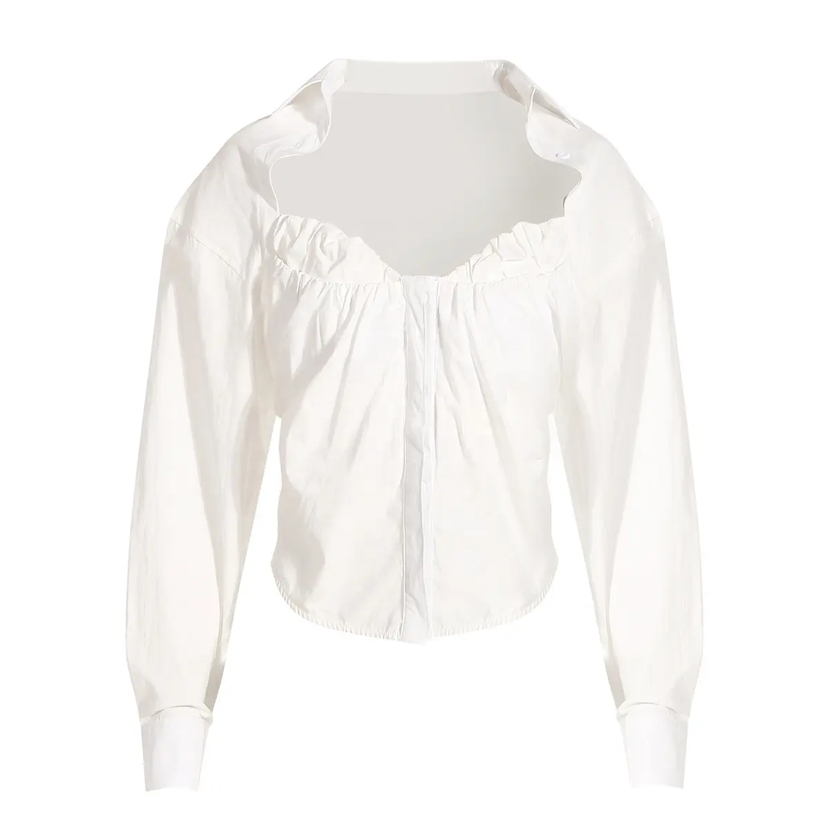 Oudina blusa de manga longa feminina, blusa crop de manga longa vintage para mulheres, branco, plissado, casual