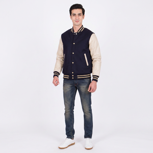 Veste bomber pour homme bleu marine et style universitaire avec manches en cuir, style baseball décontracté, manteau d'hiver chaud - Product Image 1