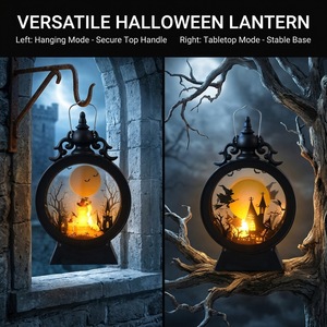 Oferta Especial: Linterna LED Vintage Redonda sin Llama con Escena de Halloween (Murciélago, Castillo, Calabaza) - Adorno de Luz Nocturna - Product Image 3