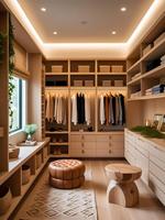 Système de dressing ouvert sur mesure en bois naturel avec grain de bois, éclairage LED intégré, rangements multiples, pour chambre principale de villa