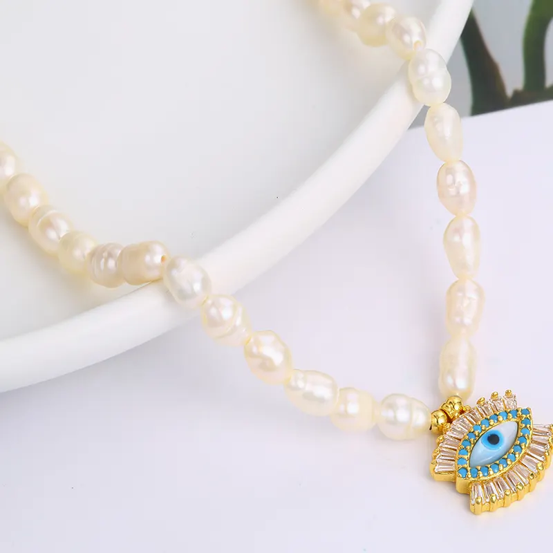 Pearl Necklace 18K Gold Plated Evil Eye Pendant Beaded Freshwater Peal Necklace