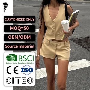New Arrival Custom Wholesale <b>High</b> Quality Premium 2 Piece Set for Women Female Button Closure v Neck Vest Top Shorts Set - Product Image 1