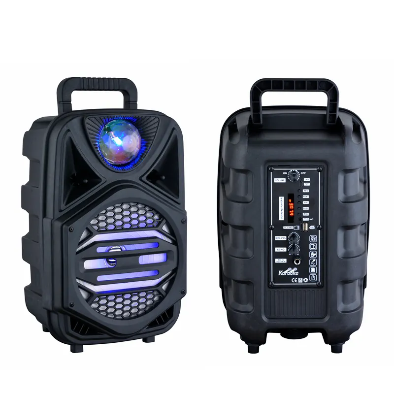 8 Inch Super Bass Plastic Small Big Portable Phone Bt Handle Trolley Speaker With Battery Disco Lights Woffer And Fm