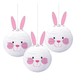 Nicro Custom 3 Pcs Pink Cute Bunny Shaped Theme Hanging Decoration Easter Paper Lanterns Festival Party Supplies