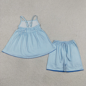 New Toddler Girls Casual Summer <b>Clothes</b> Blue White Gingham Sleeveless Top with Shorts 2-Piece Spandex/Cotton Outfit - Product Image 3