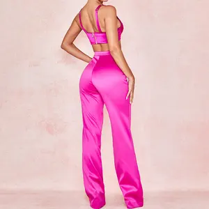 Weixin Pink Satin Knit Tailored Trousers Suits