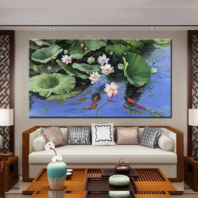 Chinese Style Lotus Flower Printed Eco-Friendly UV Coated Canvas Oil Painting for Wall Decor