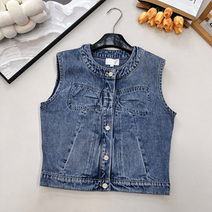 Women Blue Sleeveless <b>Denim</b> <b>Vest</b> with Button Front Casual Washed Jean <b>Jacket</b> for Daily Wear - Product Image 1