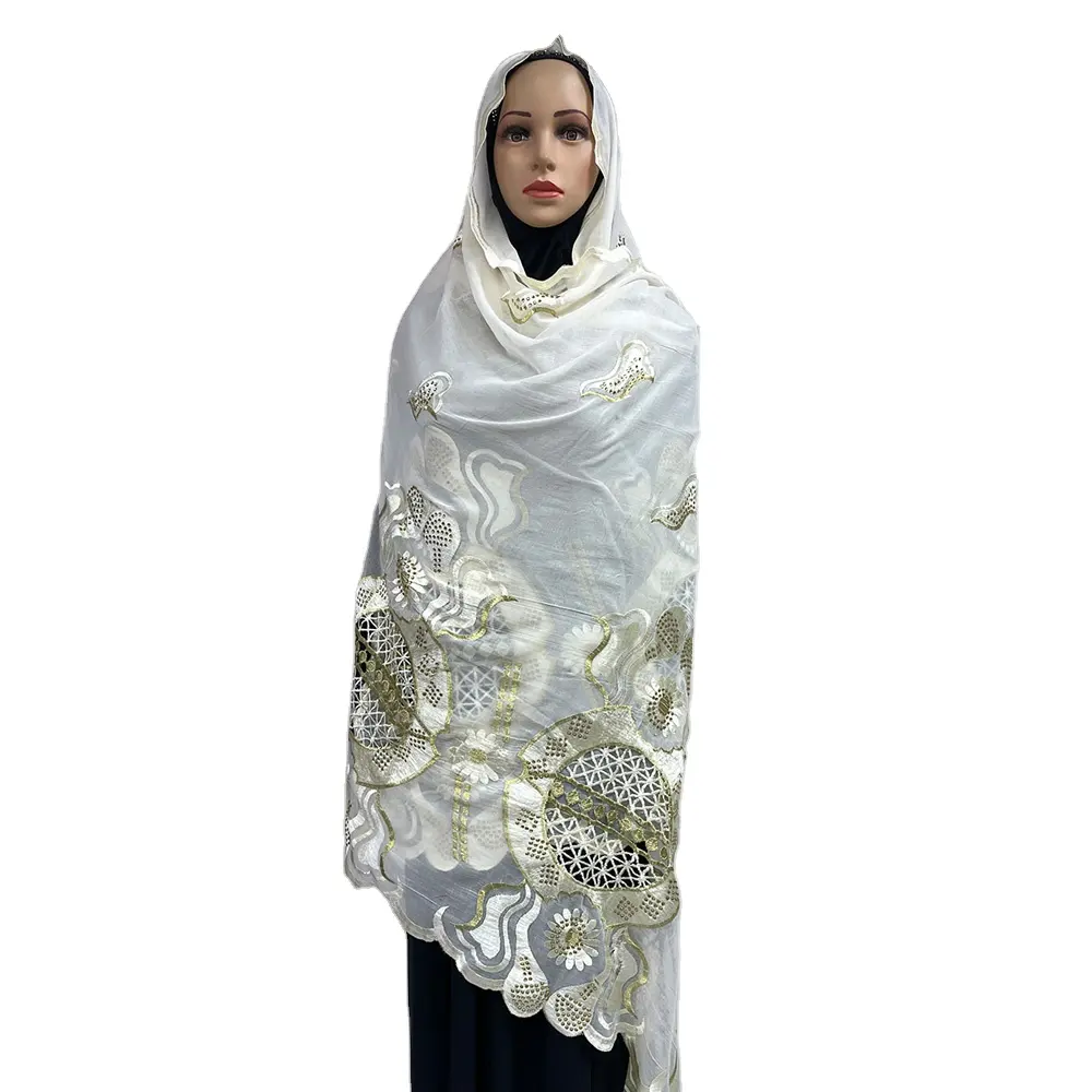 Gran bufanda envoltura Hijab gasa Hijab bordado encaje lujo excelente calidad Algodón venta al por mayor mujeres Hijab musulmán africano adulto
