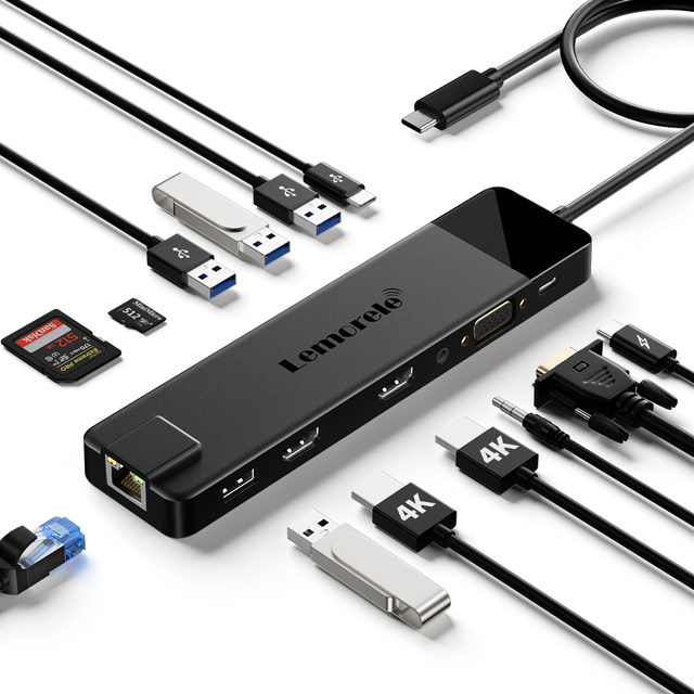 TC100 13 in 1 High-speed Type-C to Dual HDMI 4K 60Hz USB 3.0 VGA 3.5MM 1000M RJ45 USB Hub With 100W PD SD TF Card Slot