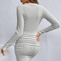 Frenchy Mini robe moulante à col en V pour femme Pull en tricot côtelé solide à manches longues Pull à col rond Slim Fit Mini robe décontractée