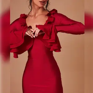 Enyami lüks parti kulübü moda ince Petal U boyun uzun kollu kadife kadınlar Bodycon bayanlar seksi elbiseler