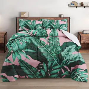 Wholesale Soft Tropical Green Pink Leaf Print Sheet Sets Bedding Single Size Bedsheets Sets Children Bedding Sets Collections