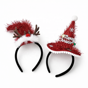 Diadema de gorro de Papá Noel navideño con letras de Feliz Navidad en oropel rojo y mini gorro con astas, para niños, fiesta de Navidad, venta al por mayor - Product Image 1