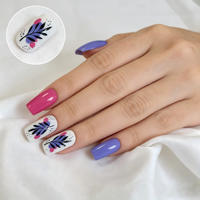 Faux Ongles à Presser en Gros, Motif Botanique Carré Moyen, Rose Vif et Violet, Design Floral, Logo Personnalisé, Réutilisables, Ongles Artificiels