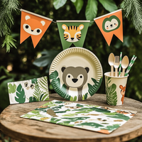 Safari Animaux Fournitures De Fête D'anniversaire Ensemble De Vaisselle Jetable Assiettes En Papier Tasses Serviettes