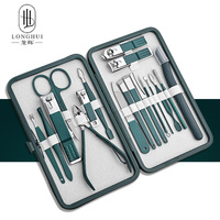 Longhui – Kit de manucure 18-en-1 vert en acier au carbone, comprenant coupe-ongles, outils de soin des pieds, cure-oreilles et rasoir à sourcils