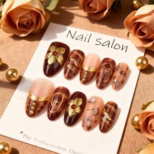 Faux Ongles de Luxe Réutilisables en Forme d'Amande avec Motifs Floraux Dorés – Lot de 30 Pièces pour <span class=keywords><strong>Manucure</strong></span> Française – Longue Durée - Product Image 2