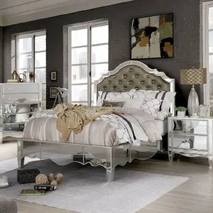 Set kamar tidur ukuran Queen cermin, furnitur lampu LED cermin gaya modern desain klasik murah